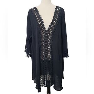 Catherines Women's 2X Black 100% Cotton Boho Crochet Lace Tunic Swim Cover-Up